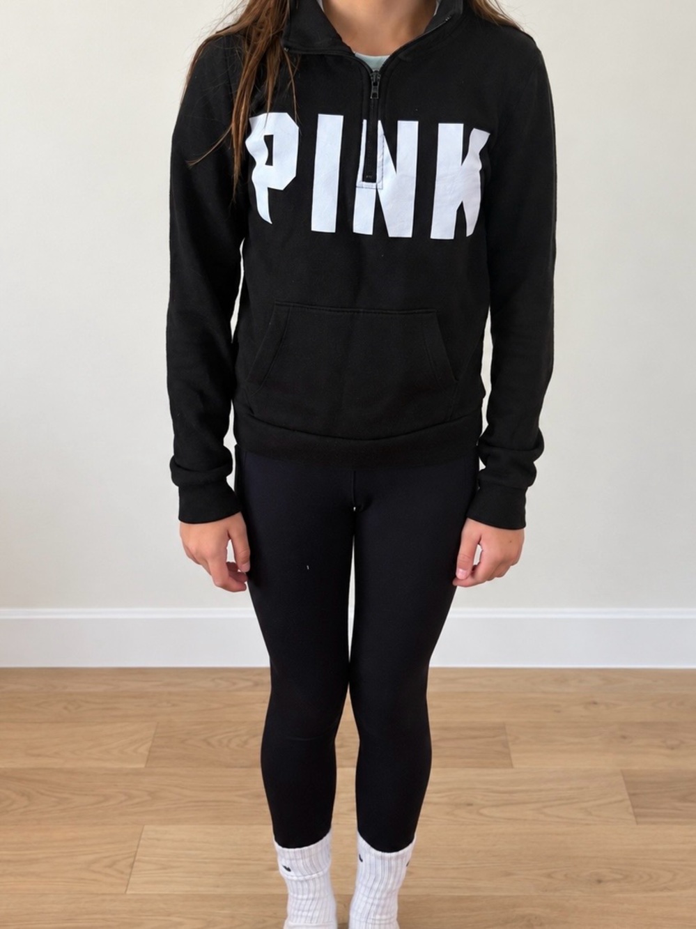 PINK Victoria's Secret Black Half-Zip Pullover with White Logo